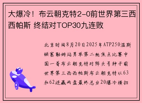 大爆冷！布云朝克特2-0前世界第三西西帕斯 终结对TOP30九连败